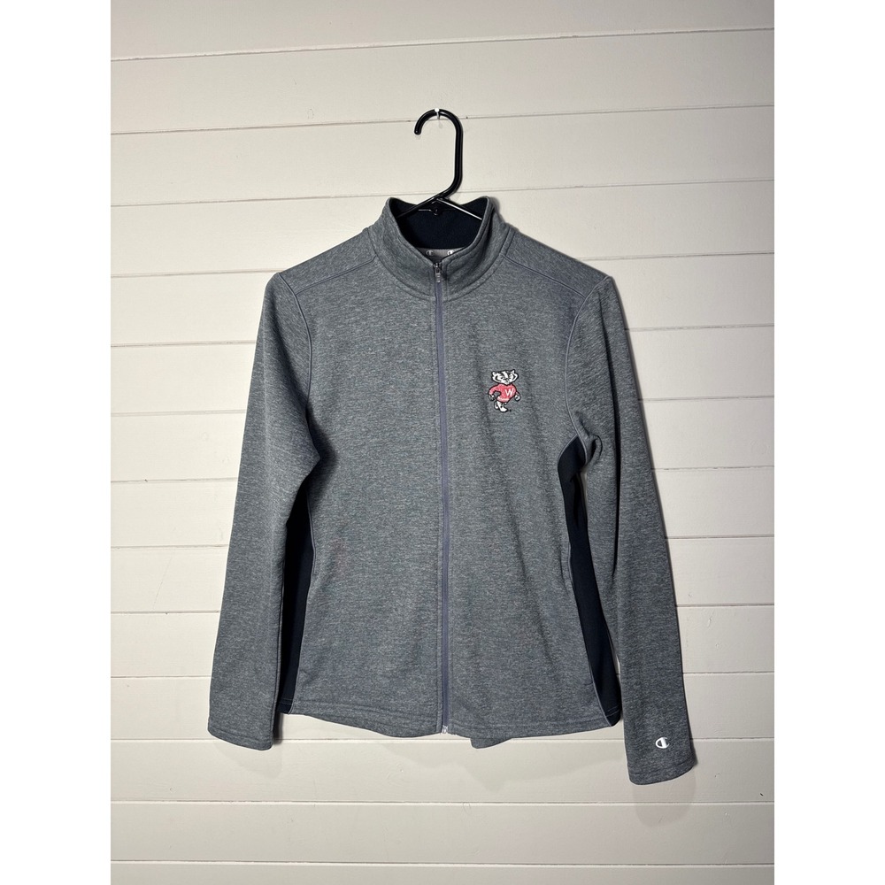 Champion Wisconsin Badgers Womens Medium Full Zip Track Jacket Gray Bucky Badger